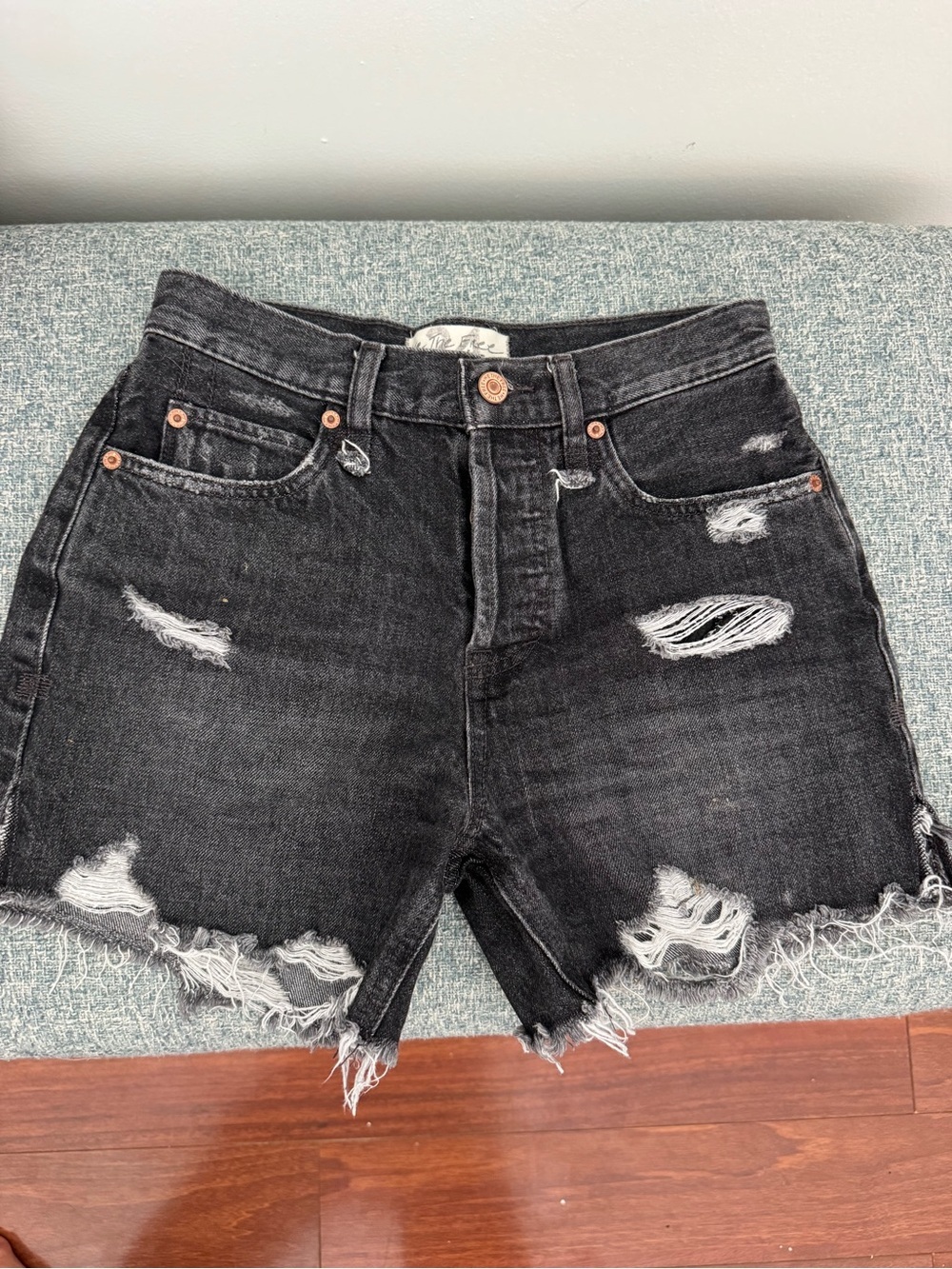 Free people we the free High-Rise Distressed Black Denim Shorts